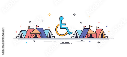 Inclusive festival setup concept represented by a row of small tents with a prominent accessibility symbol integrated into the layout, conveying thoughtful