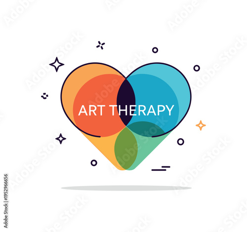 Art therapy expression illustrated through a heart shape composed of overlapping colorful segments, reflecting healing, emotion, and mindful creativity. A