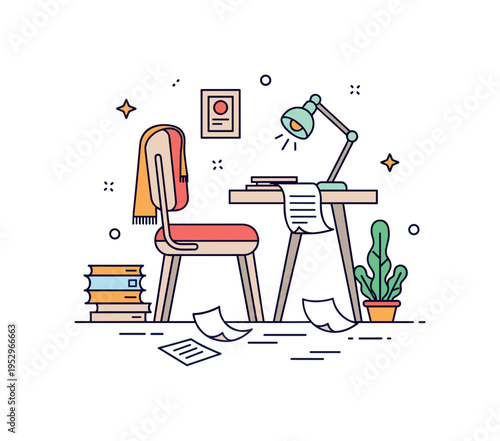 Cozy novelist home office scene featuring a simple chair and desk setup with scattered paper sheets and a small plant accent nearby. The image communicates