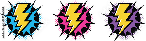 Flat vector illustration of lightning bolt icons with comic book style speech bubbles and halftone dots.