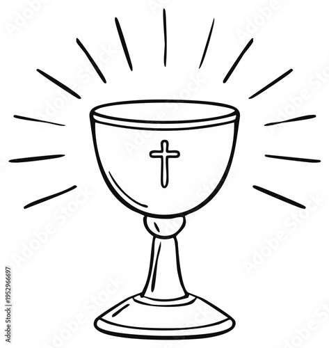 Religious chalice with cross radiating holy light for communion and worship