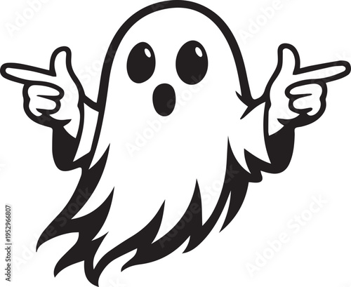 A cute cartoon ghost illustration pointing fingers to both sides with a surprised expression. Vector, illustration
