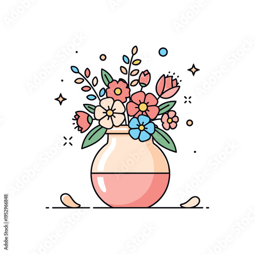 Floral vase with blooming spring flowers arranged in a rounded ceramic pot, conveying freshness and simple interior elegance in a compact decorative scene. A