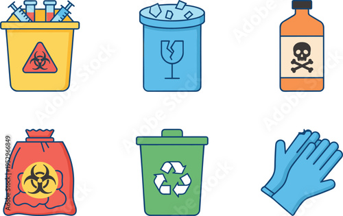 Flat vector illustration of medical waste disposal set featuring biohazard bins sharps container toxic chemicals and gloves.