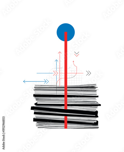 Black and white image of stacked documents pierced by a bold red vertical line transforming into a clean blue circle above, abstract arrows and thin grid