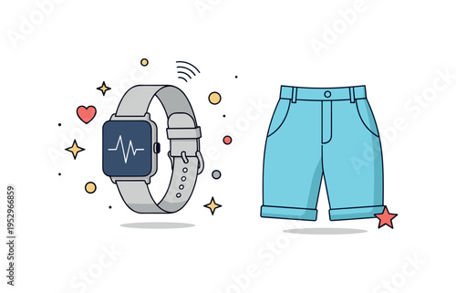 Wearable technology lifestyle featuring a modern smartwatch paired with a minimalist outfit silhouette. The composition communicates health tracking,