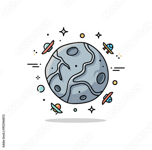 Space resource economy badge showing an asteroid with metallic veins and tiny spacecraft icons representing commerce, innovation, and interstellar industry.