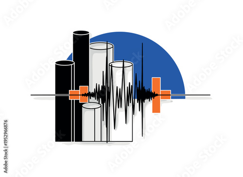 Black and white seismograph machine with jagged line reading, oversized cobalt blue semicircle framing the waveform, orange rectangular blocks emphasizing data