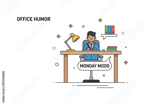 Office humor meme theme illustrated with a simplified desk setup and a small caption bubble reading Monday Mood, conveying workplace relatability and light