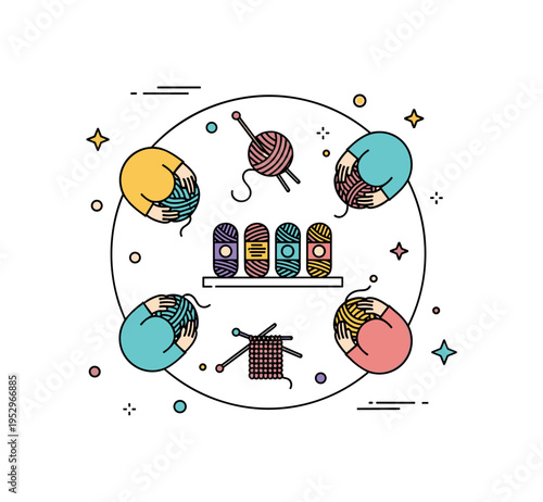 Friends crafting circle scene built around a round table with yarn balls and knitting needles placed neatly, conveying calm collaboration, mindfulness, and