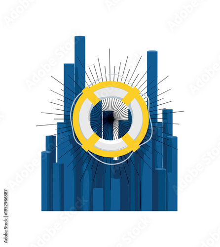 monochrome rescue lifebuoy ring centered, bold yellow circular frame and deep blue cylindrical shapes layered around, thin radiating line motifs implying