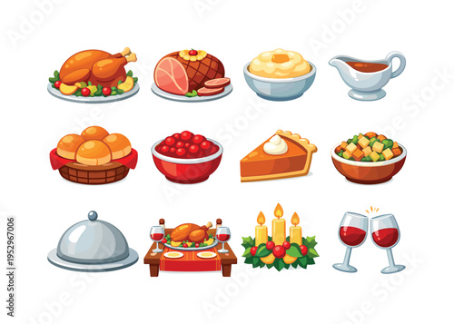 Holiday Feast. Colorful flat vector icons set of Holiday Feast: roast turkey, festive ham, mashed potatoes, gravy boat, dinner rolls, cranberry sauce, pumpkin