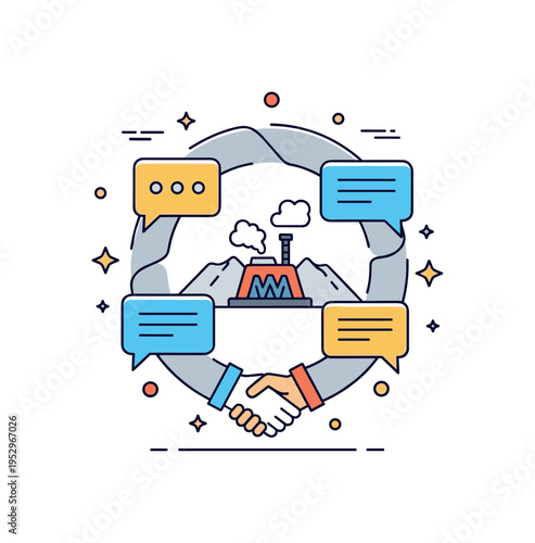 Stakeholder engagement in mining projects portrayed through interconnected speech bubbles surrounding a central mine icon, representing dialogue, transparency