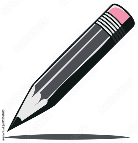 Cartoon pencil illustration with eraser and shadow, isolated on white background.