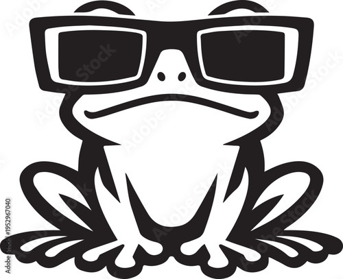 Minimalist black and white line art of a smiling frog sporting a pair of trendy sunglasses Vector, illustration