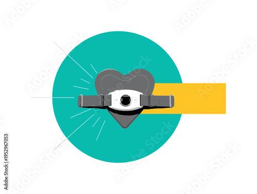 Black and white chest strap heart monitor displayed as central object, vivid teal circular halo anchoring composition, bright yellow rectangular accent block