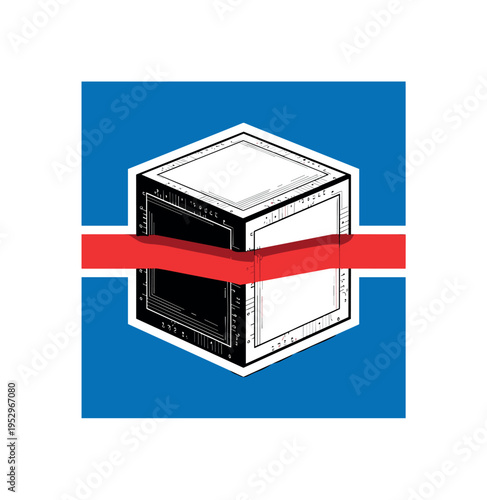 Black and white quantum computer cube rendered as clean geometric block with visible minimal circuitry lines, bold blue square enclosing the cube,