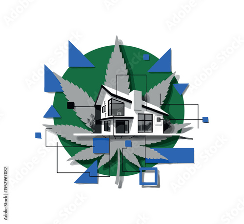 Black and white eco-home surrounded by abstract hemp leaf silhouette, oversized deep green circle anchoring the entire composition, cobalt blue geometric