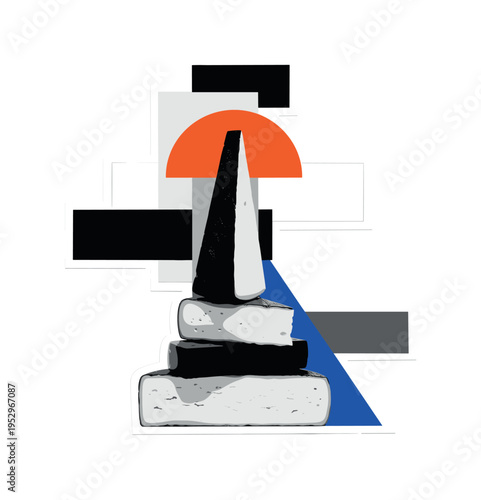 Black and white cheese wedges stacked in a geometric composition, bright orange semicircle behind the tallest wedge and blue diagonal accent slicing through