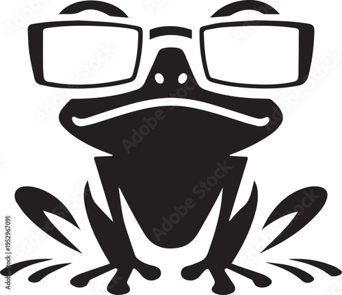 A black and white stencil illustration of a cute frog wearing oversized glasses. Vector, illustration