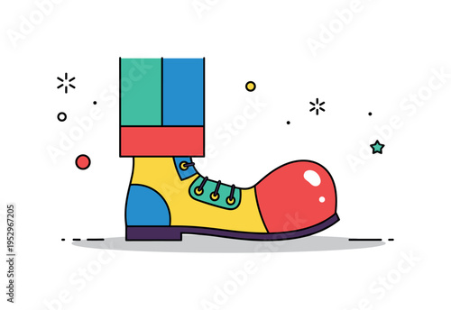Clown costume detail close up highlighting a single oversized shoe with bold color blocks and subtle shadow underneath, symbolizing iconic circus imagery. The