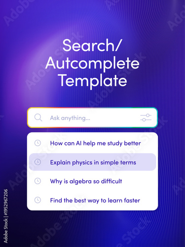 Search Suggestion Autocomplete Ad Concept Template for AI app promo, search bar UI, banner, social media post Ad Creative