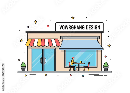 Urban overhang design storefront facade with extended canopy shading sidewalk below, expressing functional aesthetics and pedestrian comfort. Minimalist flat