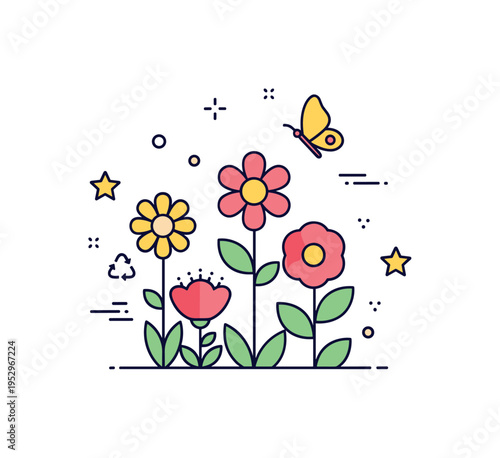 Pollinator friendly garden design centered on blooming flowers with a subtle butterfly accent, symbolizing ecological awareness, sustainability, and support