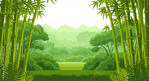 A beautiful and lush green bamboo forest landscape, vector illustration with a tranquil and serene atmosphere for nature and travel themes