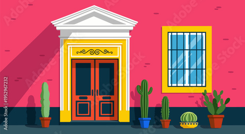 Bright and colorful vector illustration of a building facade with red doors, a window, and potted cacti plants