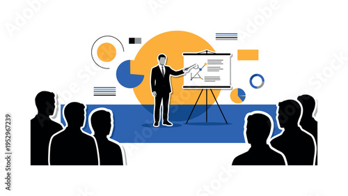 Black and white figure pointing at minimal presentation board while others listen, oversized warm yellow circle behind the presenter, bold cobalt geometric