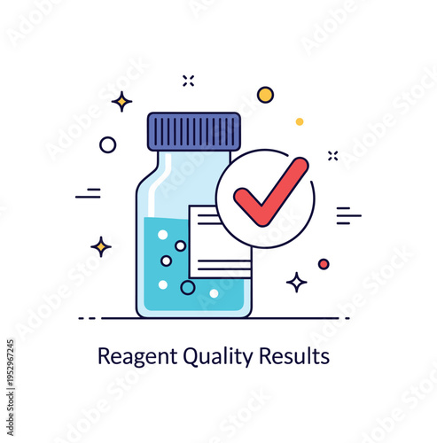 Reagent quality control concept illustrated by a laboratory bottle with a bold check mark icon nearby, representing validation and compliance in scientific