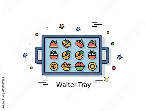 Waiter tray event banquet concept centered on a tray carrying multiple small bite size appetizers arranged symmetrically. A lively editorial symbol