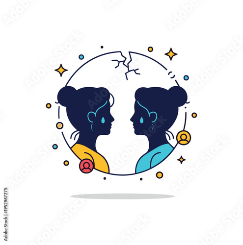 Soul reflection concept shown by a silhouette mirrored in a subtle circular frame with gentle fracture details, conveying introspection, emotional depth, and