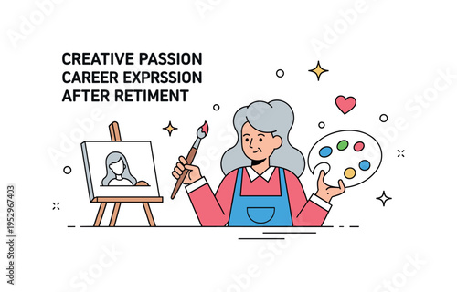 Creative passion career in later years illustrated with a silver haired artist holding a paintbrush beside a small canvas icon, expressing fulfillment and