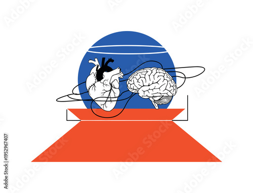 Black and white heart and brain placed side by side balanced on a bold orange geometric platform, blue circular halo behind them symbolizing harmony restored