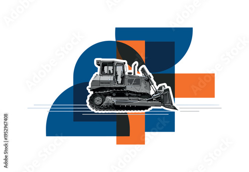 Black and white realistic bulldozer as the main object, retro industrial aesthetic, slightly grainy texture, cut-out effect with white outline, layered over