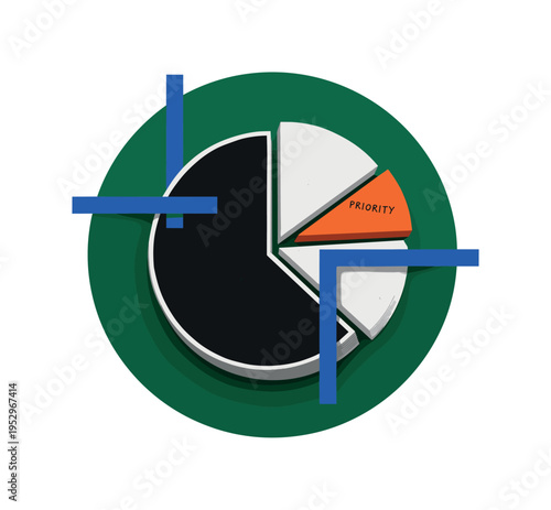 Black and white pie chart enlarged dramatically as central object, large deep green circular backdrop reinforcing shape, cobalt blue geometric rectangles