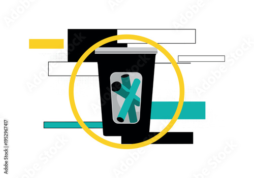 black and white recycling bin with open lid, floating composition with red semicircle and teal abstract blocks intersecting diagonally, thin linear rays
