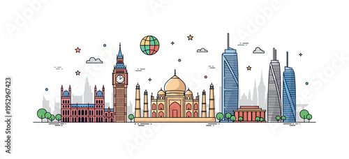 World landmarks city skyline collection showing a balanced row of iconic architectural silhouettes including Big Ben, Taj Mahal, and a modern skyscraper,