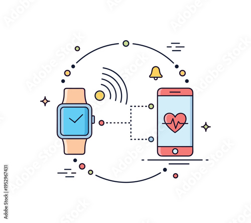Smartwatch Bluetooth pairing concept illustrated by a wrist wearable icon connected through dotted signal lines to a mobile device, expressing synchronized