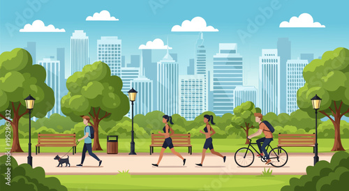 City park vector illustration of people enjoying outdoor activities in a vibrant urban setting