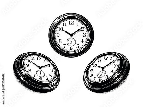 Wall clock ? vintage mechanical wall clock with thicker frame domed glass face and pronounced depth depicted as a single object. Black and white dot style with