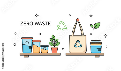 Minimalist zero waste home corner shown with neatly arranged reusable containers, tote bag and small plant on a shelf, symbolizing intentional living and