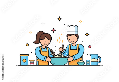 Kitchen baking memory scene centered on two simplified figures mixing ingredients in a bowl with tiny star accents, expressing warmth, tradition, and shared