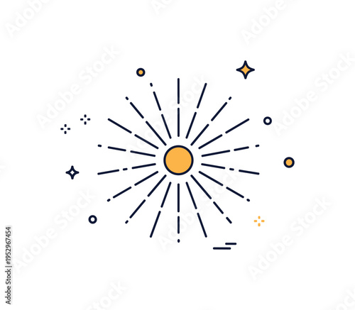 Sunburst icon circular rays radiating evenly around a small glowing core, symbolizing positivity, brightness and attention grabbing emphasis. Minimalist flat