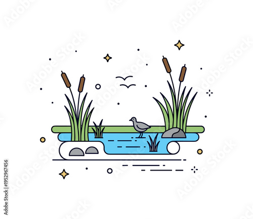 Wetland habitat development illustrated by a calm water patch with reeds and a small bird silhouette, expressing conservation, biodiversity support, and