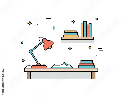 Cozy remote work corner featuring a compact desk with notebook, desk lamp, and subtle wall shelf accent, expressing warmth and productivity in small spaces.