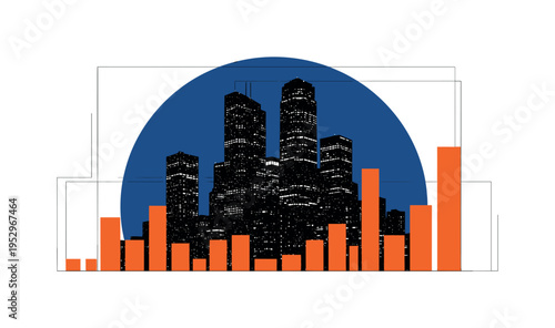 Black and white night skyline silhouette with glowing window dots, oversized deep blue semicircle halo behind the city, bold orange geometric bars arranged