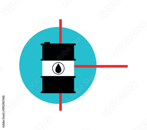 Black and white barrel of oil simplified into bold geometric form, oversized turquoise circular halo behind intersected by red vertical line symbolizing price